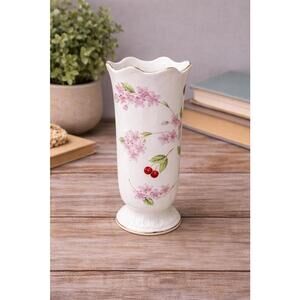 Vintage Aynsley Cherry Blossom Fine Pattern Bone China Vase With Gold Trim 6.5"